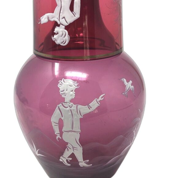 Mary Gregory Cranberry Glass Tumble Up Vintage Boy w/Bird Carafe & Tumbler Set - Picture 9 of 12